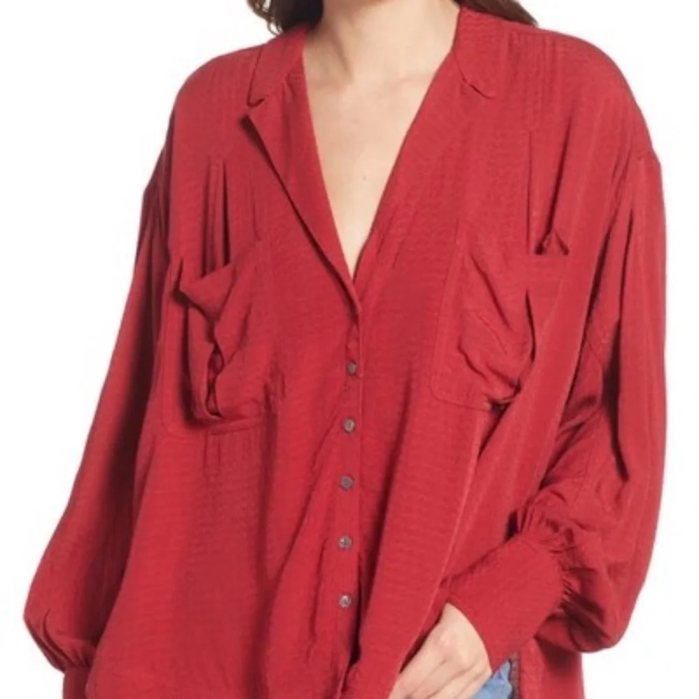 Women's Red Button-Front Oversized Blouse